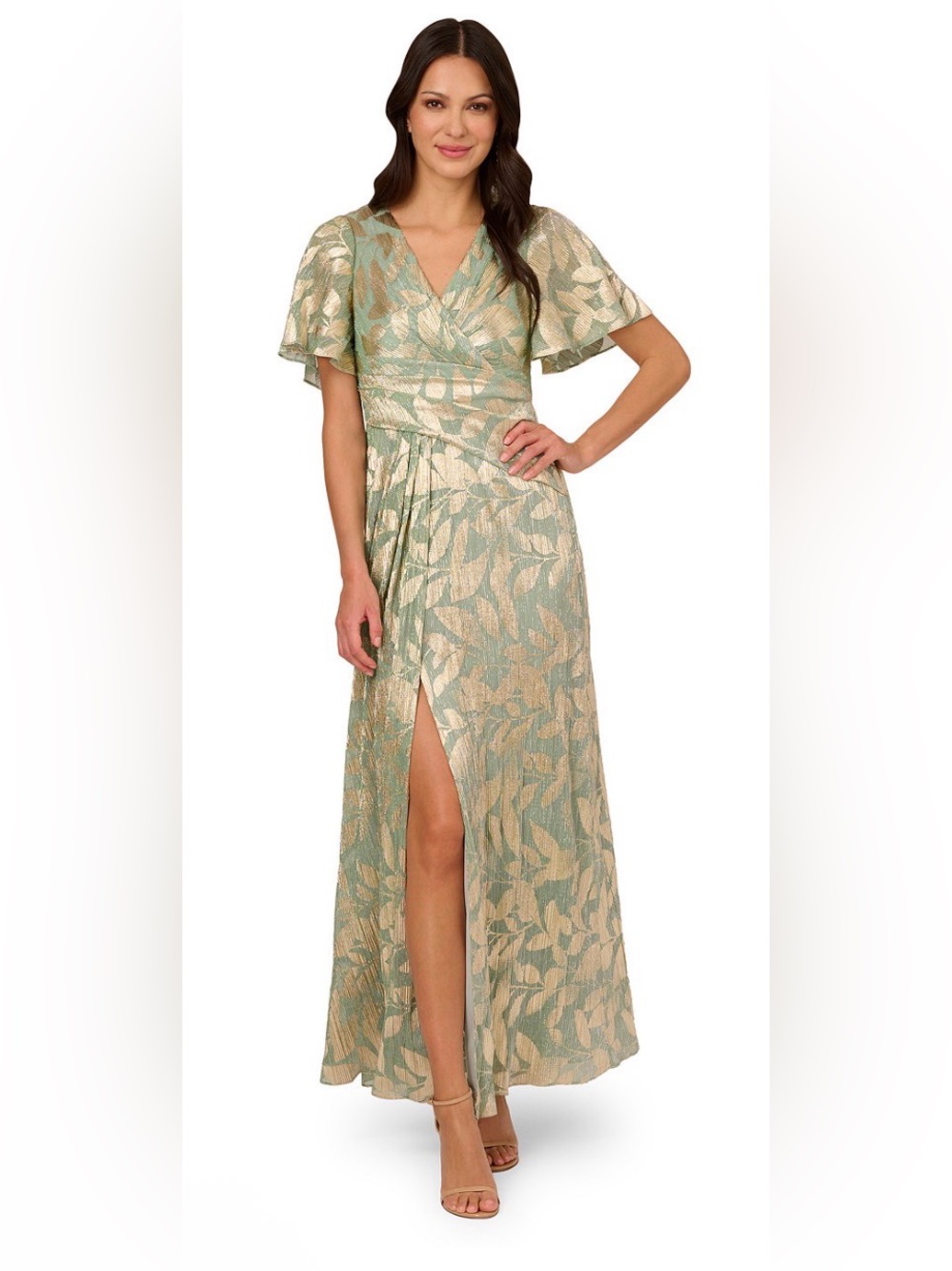 Adrianna Papell Foil Leaf Short Sleeve Gown Draped Sage & Gold. Size 16. NWT